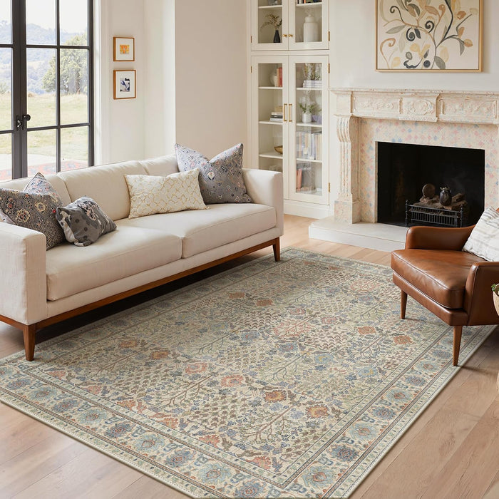 Bavni 9x12 Area Rug for Living Room, Washable Low Pile, Ivory Multicolor