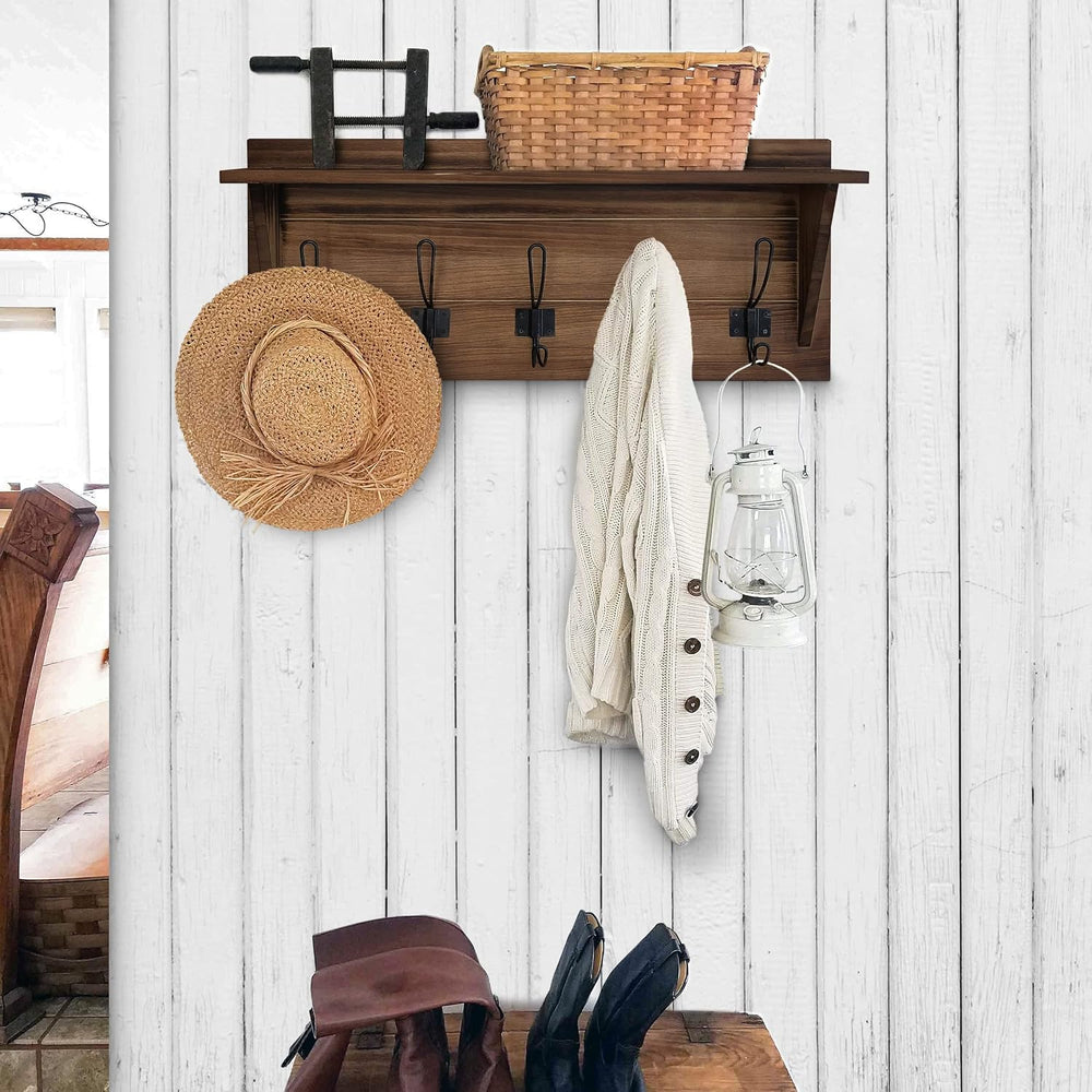HBCY Creations Rustic Brown Solid Wood Wall Mounted Coat Rack with Shelf, 5 H...