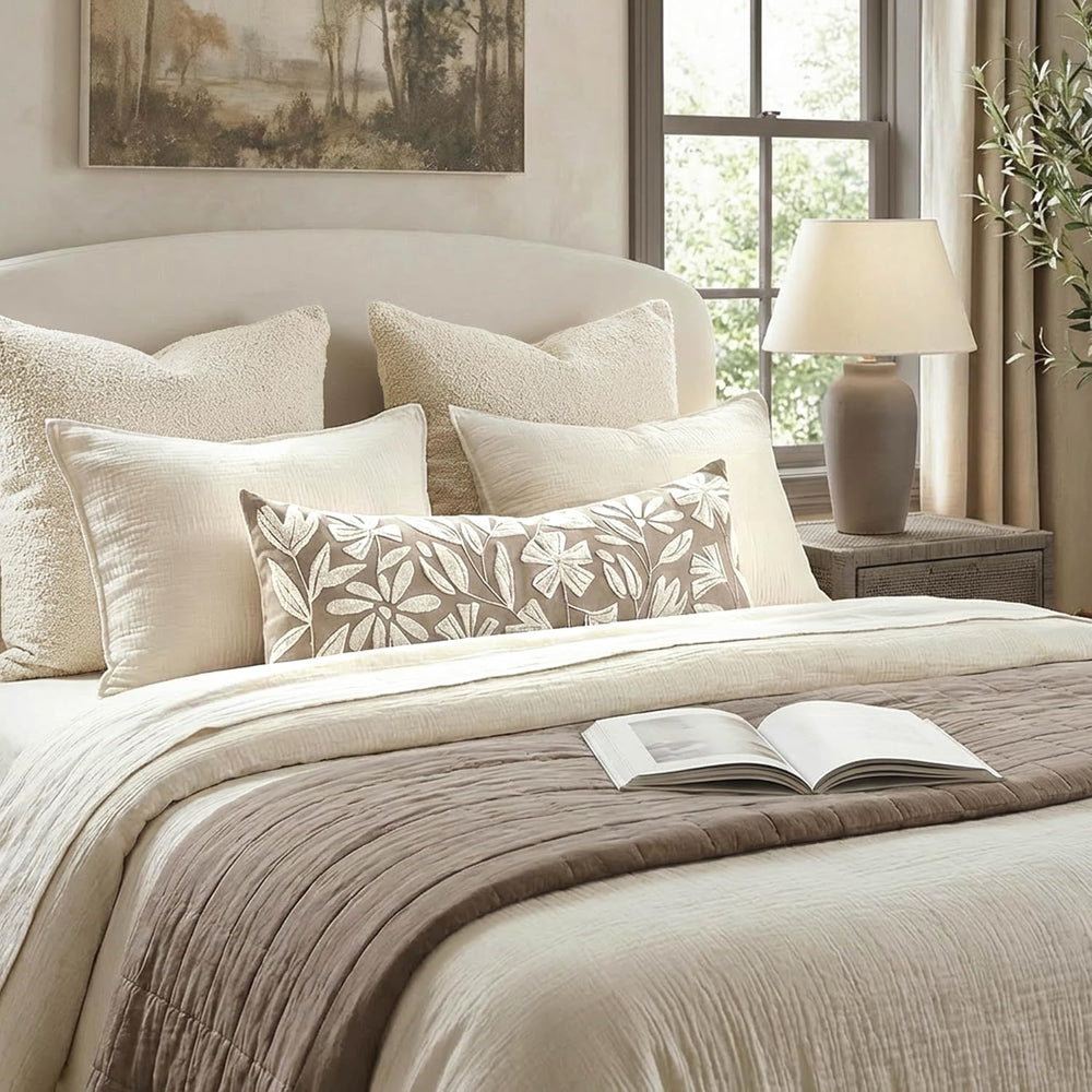 BlissBlush Long Lumbar Pillow Cover 14x36 for Bed, Light Taupe Floral Tufted ...