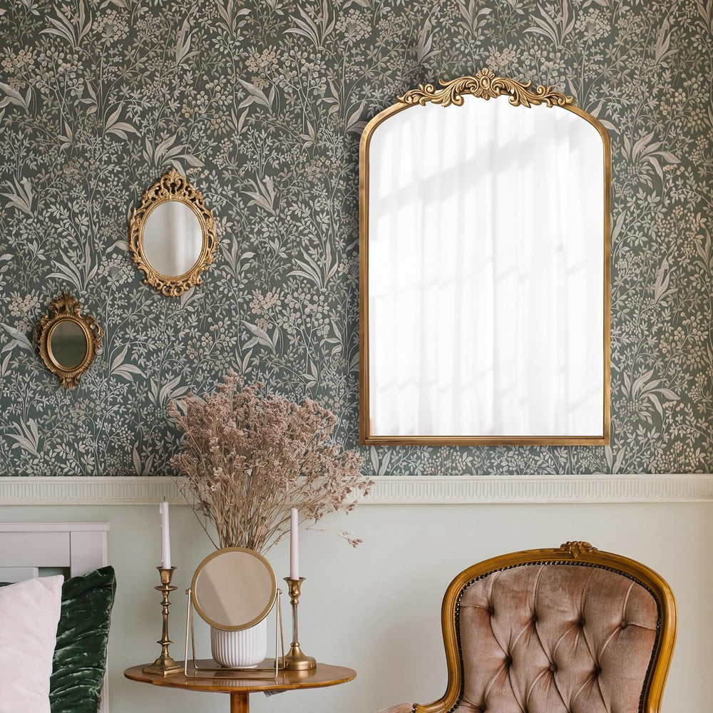 Vintage Mirror, 35" X 24" Gold Arched Antique Baroque Wall Mirror