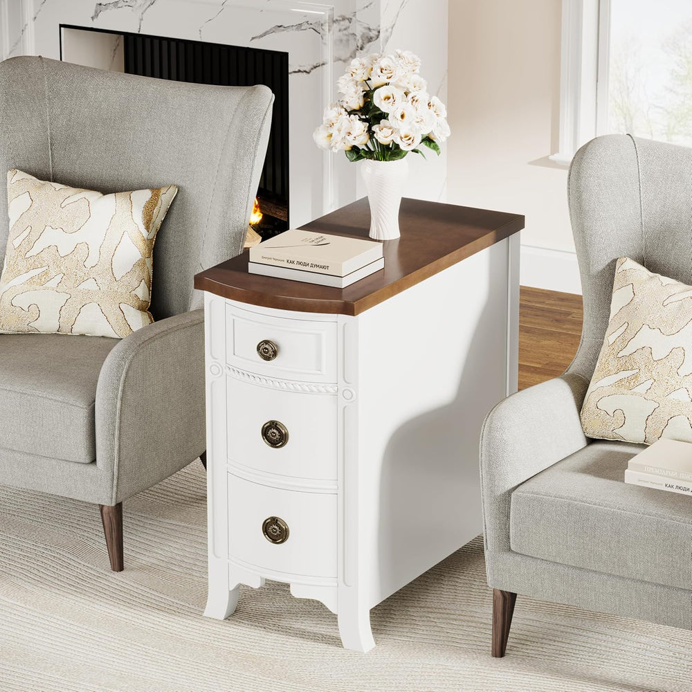 Farmhouse Solid Wood End Table, 3-Drawer Narrow Side Table Slim Chair Table f...