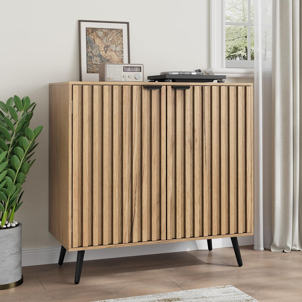 Smuxee Fluted Sideboard Cabinet, Freestanding Natural Buffet Cabinet with Adj...