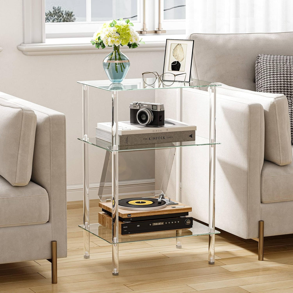 Tempered Glass Side Table, Acrylic End Table, 3-Tier Transparent Nightstand, ...