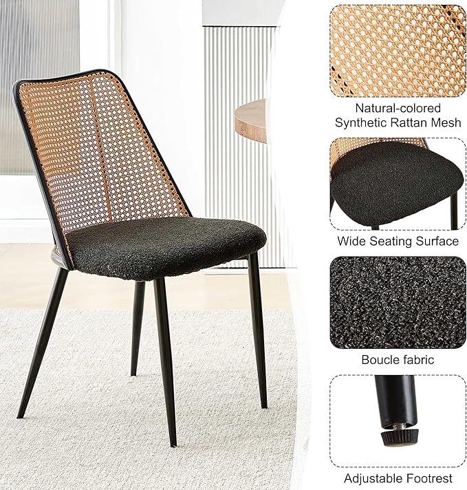 Dining Chairs Set of 2, Boho Rattan Back Dining Room Chairs Upholstered Boucl...