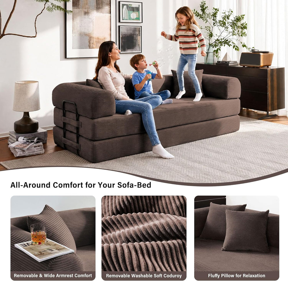 79" Convertible Sofa Bed, 5-in-1 Corduroy Boneless Couch Bed Sofa Pull O...