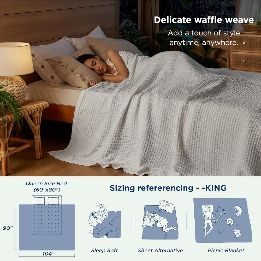 Bedsure 100% Cotton Blanket, Waffle Weave, King Size, White, 104"x90"