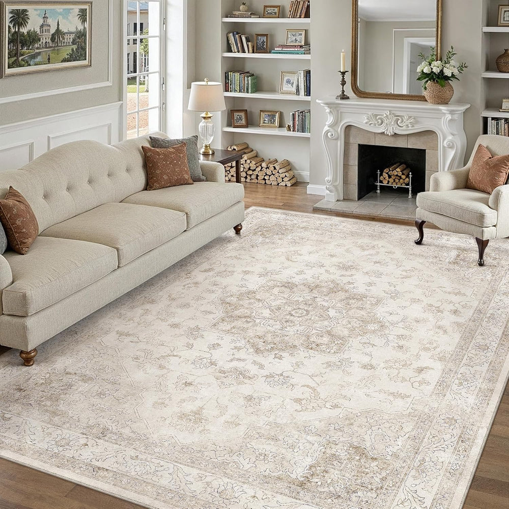 PureCozy Beige 8x10 Washable Area Rug Vintage Oriental Medallion Carpet
