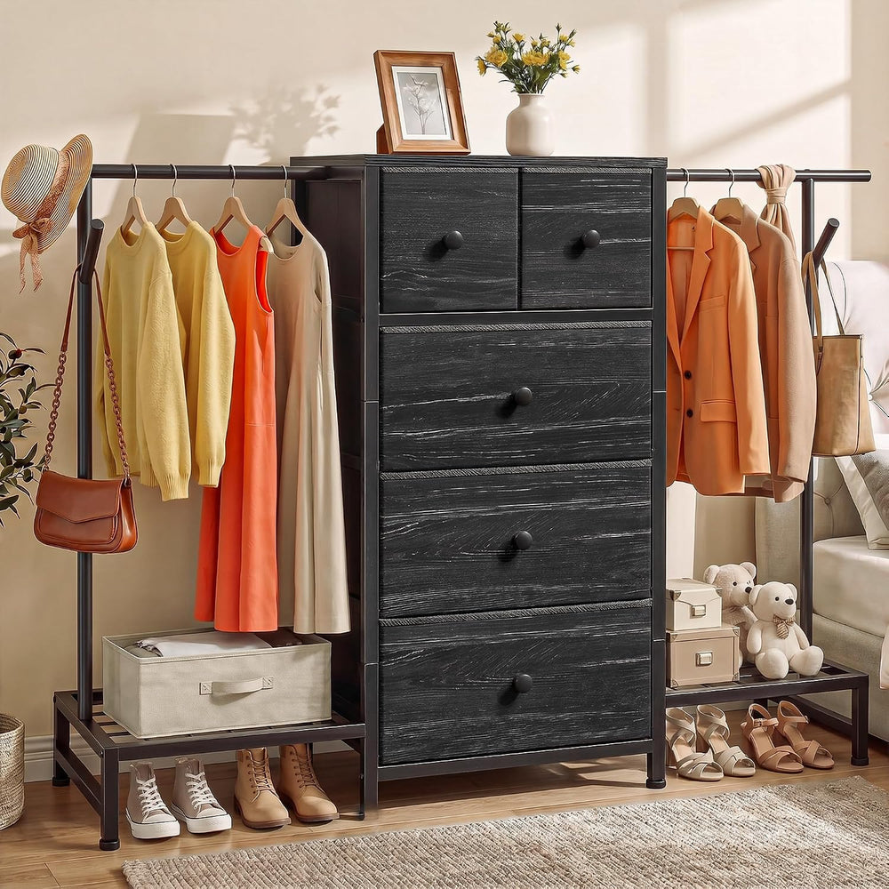 3-in-1 White Dresser with Hanging Rack, 5 Drawers & 2 Shoe Racks