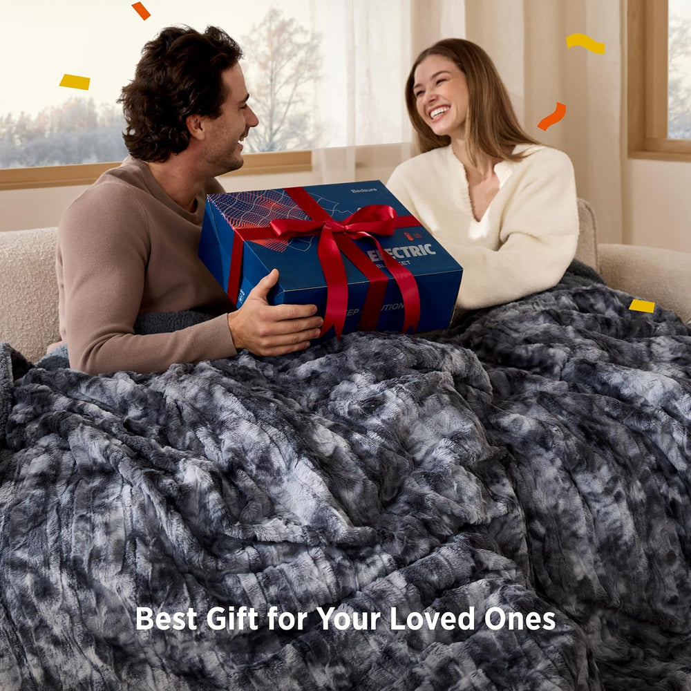 Bedsure Faux Fur Heated Blanket Throw, Tie-Dye Cozy Electric Blanket, Brown