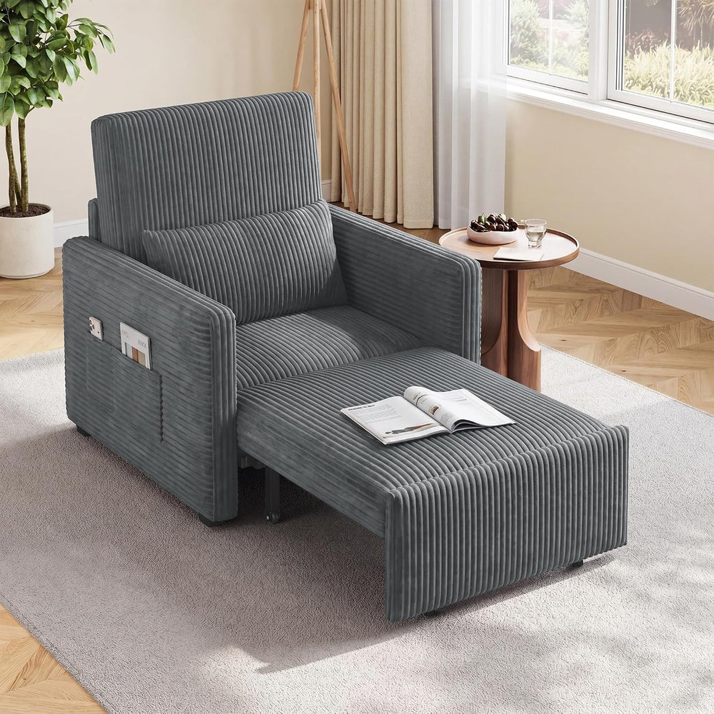 Ahomly 3 in 1 Pull Out Sleeper Chair, 75.2โ Corduroy Single Sofa, Dark Gray