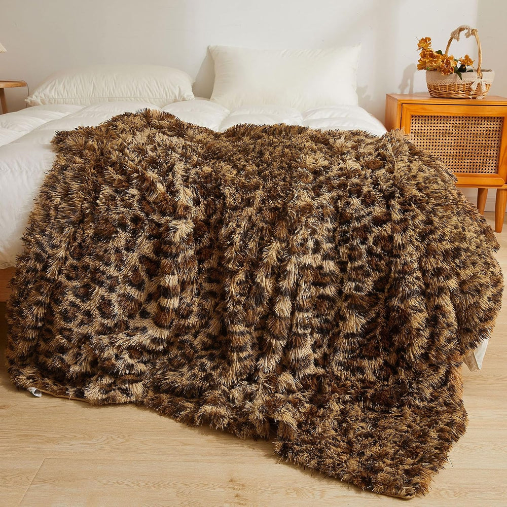 XeGe Luxury Faux Fur Leopard Print Blanket, Cheetah Brown, 60"x80"