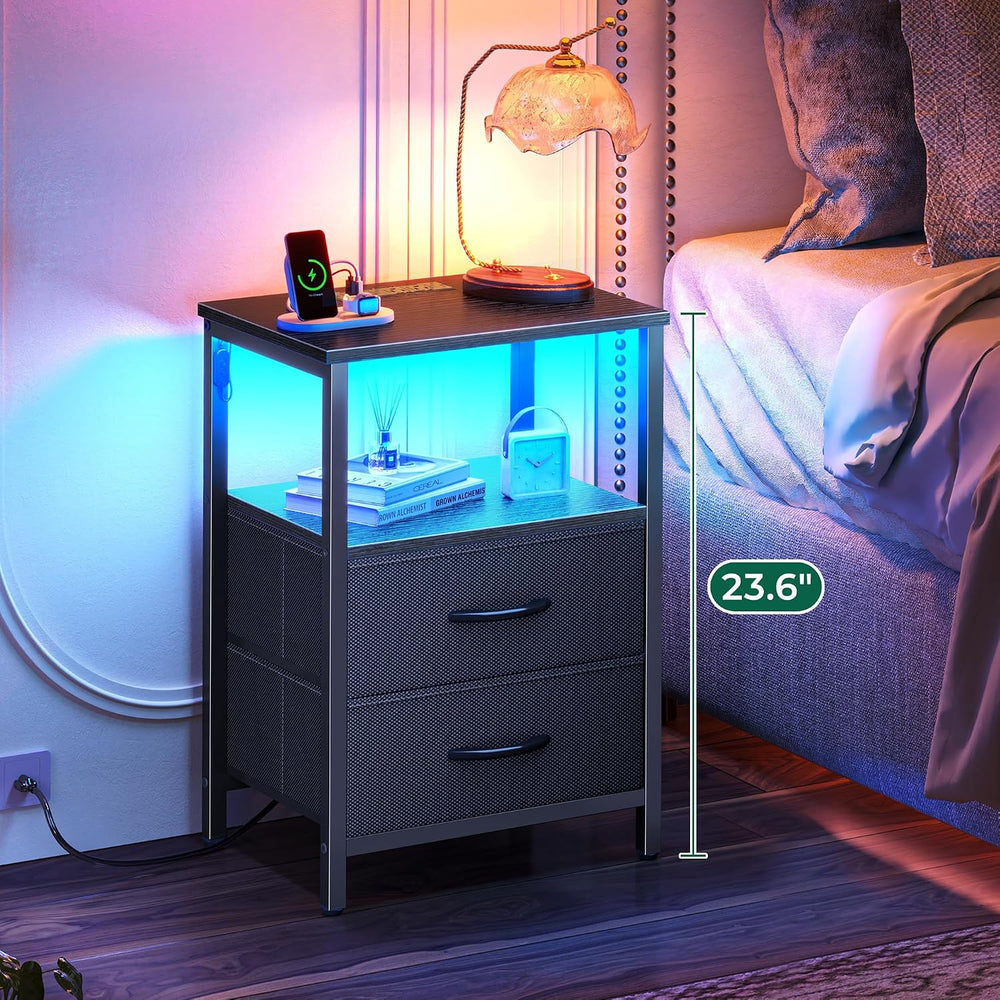 Huuger Night Stand with Charger Station and LED Lights, 2 Drawer Nightstand, ...