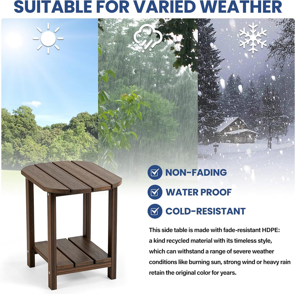 Outdoor Side Table with Shelf - All-Weather HDPE End Table with Realistic Woo...