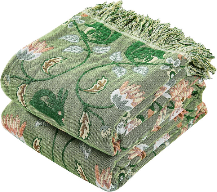 Boho Throw Blanket, 100% Organic Cotton Breathable Skin-Friendly Ultra Soft 50" x 60" Bed Quilt Green Throw - Floral Rustic Decor Luxury Reversible Blanket for Sofa Couch Chair and Gift,