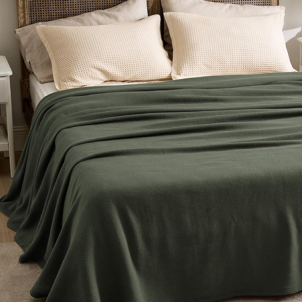 Bedsure 100% Cotton Blanket, Herringbone Weave, Queen Size, Olive Green