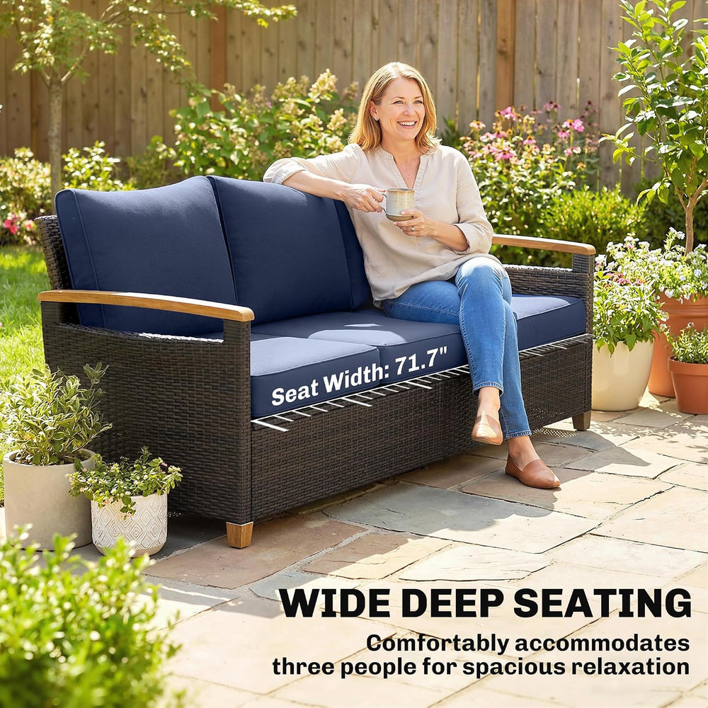 Outsunny 3 Seater Outdoor Couch Sofa PE Wicker 4" Foam Cushions Dark Blue