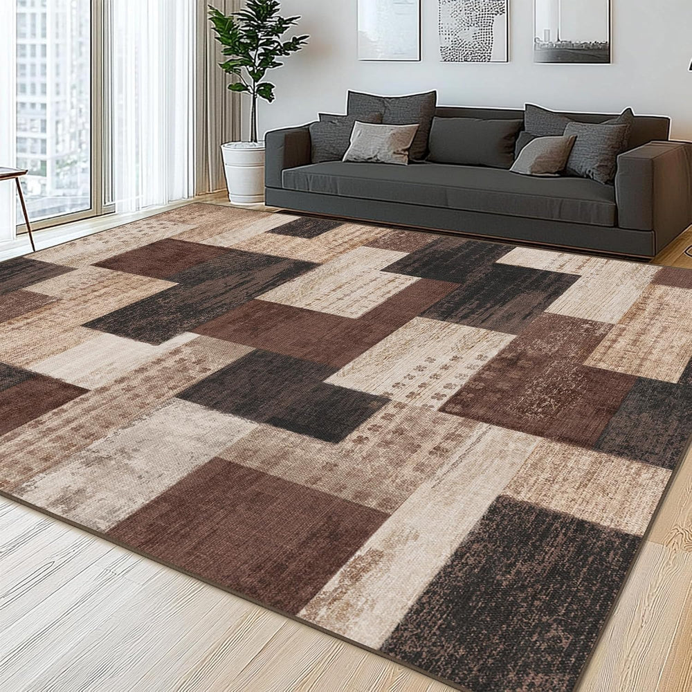 Modern Geometric Patchwork Indoor Area Rug for Living Room, Chocolate 8'x...