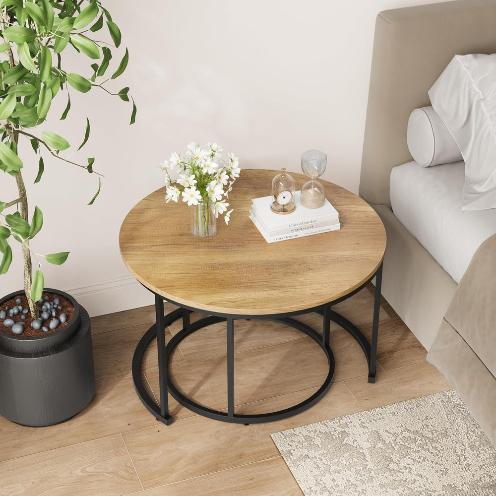 Smuxee Nesting Coffee Table Set of 2, 27.6" Round Coffee Table Wood Grai...