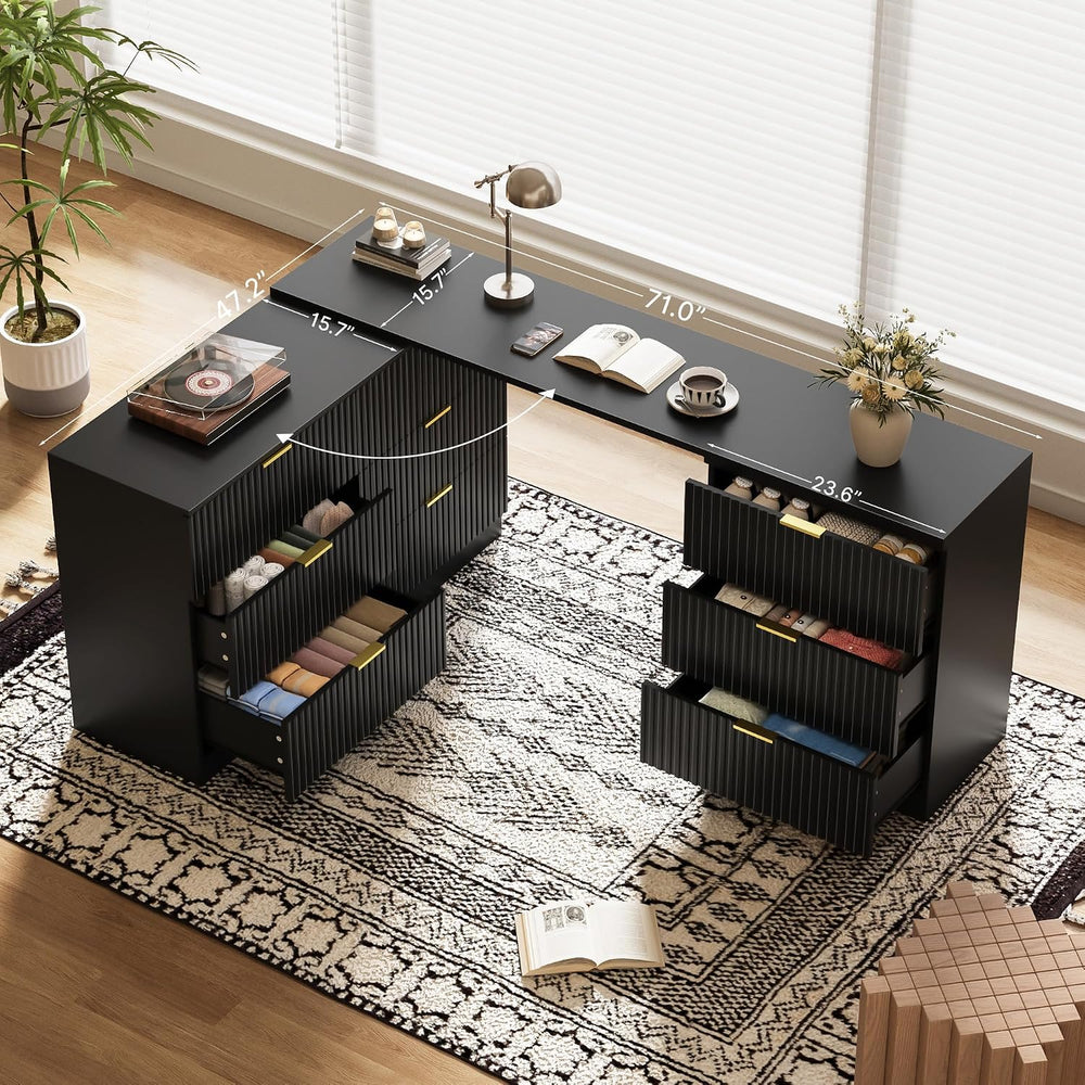 L-Shaped Rotatable 9 Drawer Dresser for Bedroom, 71" Wide Deformable Bla...