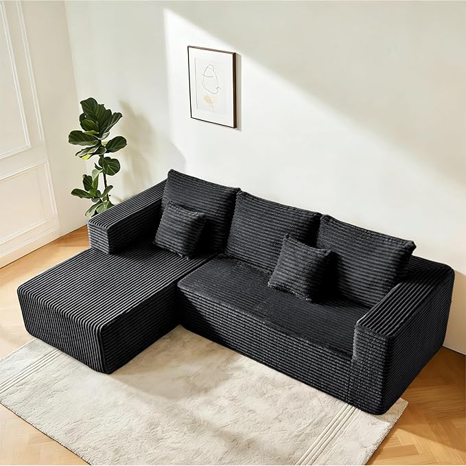 106" Black Corduroy Boneless Modular Sectional Sofa, Cloud-Louch Deep Se...