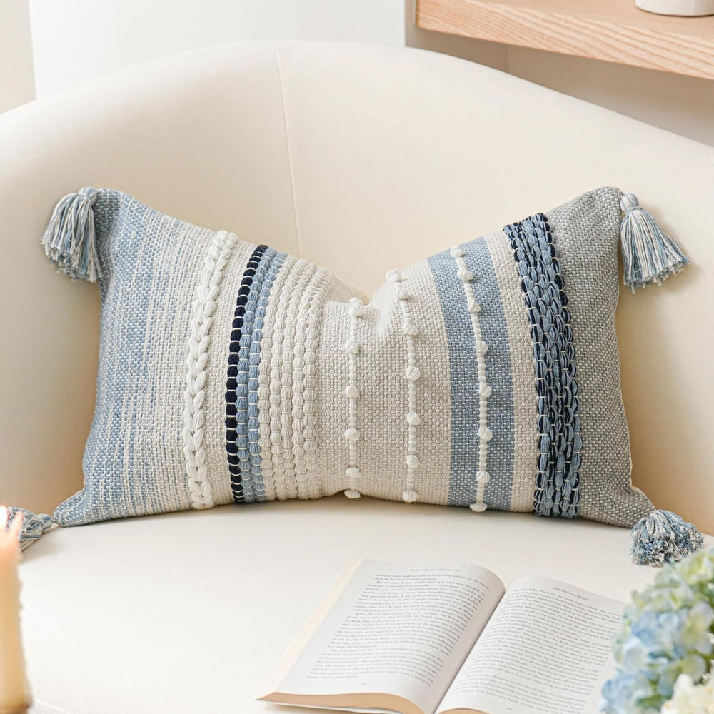 BlissBlush Decorative Lumbar Throw Pillow Cover 14x24 Boho Coastal Blue Accen...