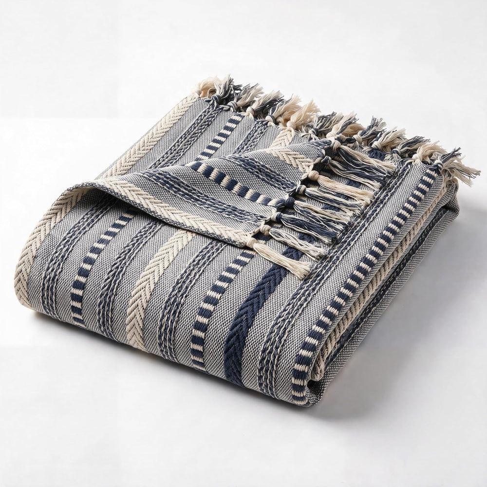 Horaldaily Braided Striped Decorative Throw Blanket, Navy Blue Soft Cozy Blan...
