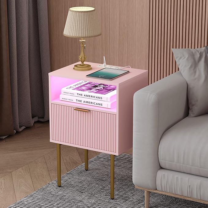 Modern Nightstand with Charging Station and LED Lights, White Bedside Table w...