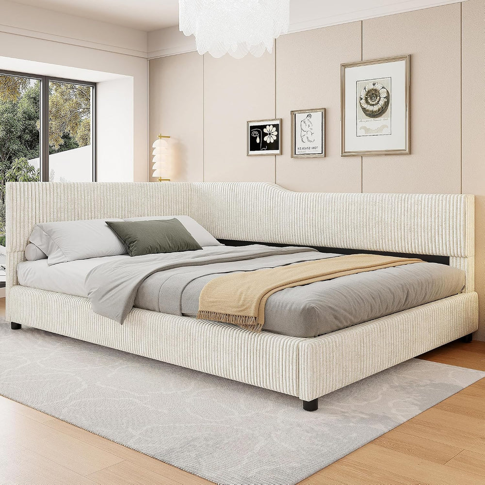 SOFTSEA Full Size Upholstered Corner Bed, Modern Daybed with L-Shaped Backres...