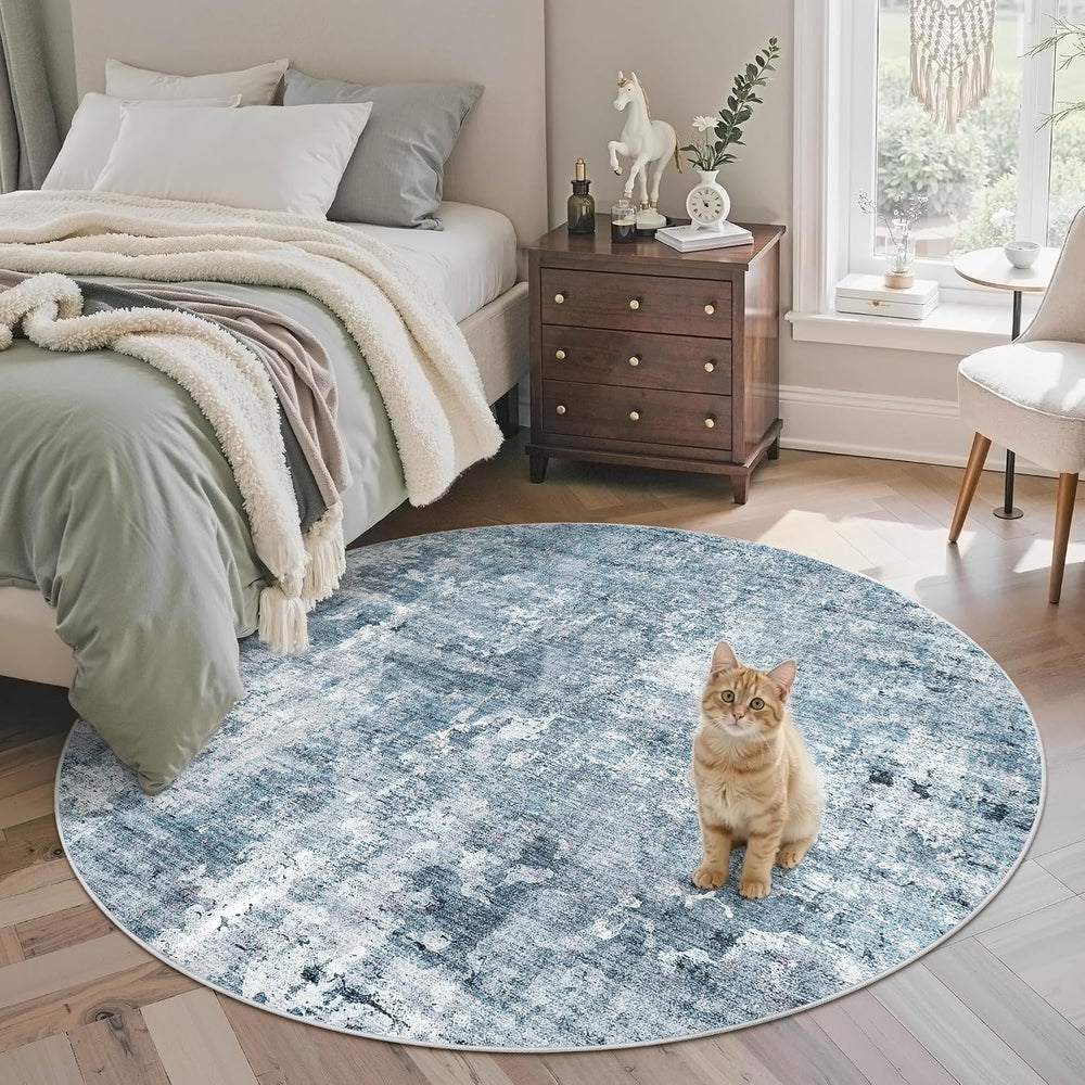 5x5 Blue/Grey Round Rug 5ft Living Room Circle Rug Vintage Round Area Rug Non