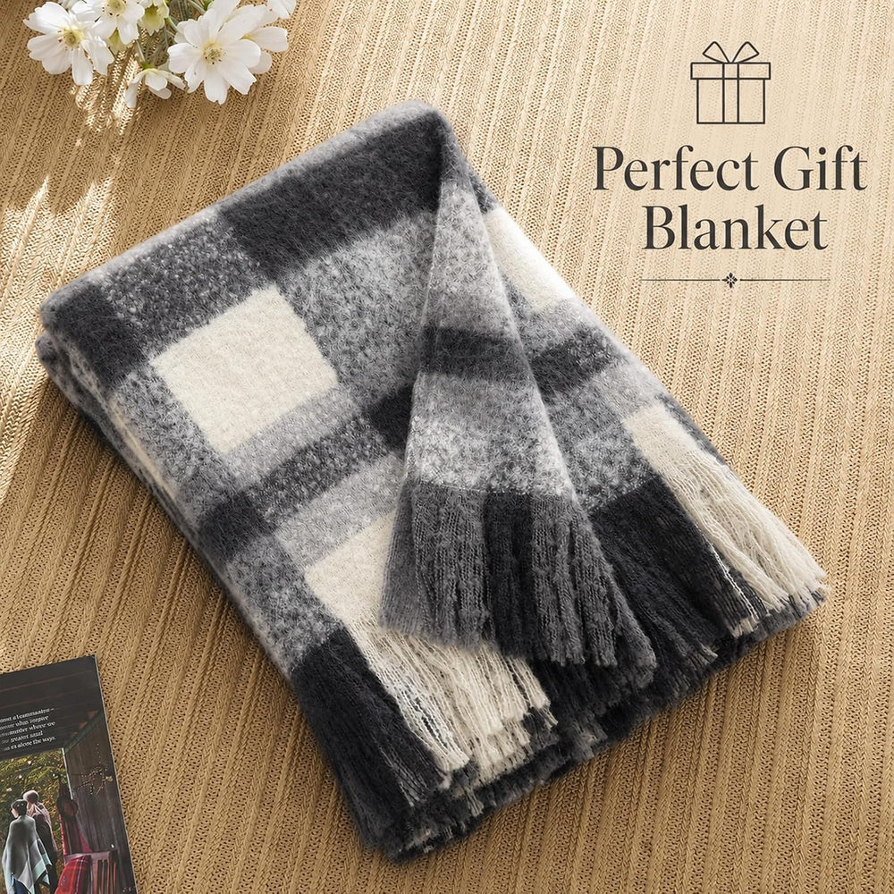 Black Grey Plaid Throw Blanket for Couch, Soft Mohair Tartan Blanket 50x60