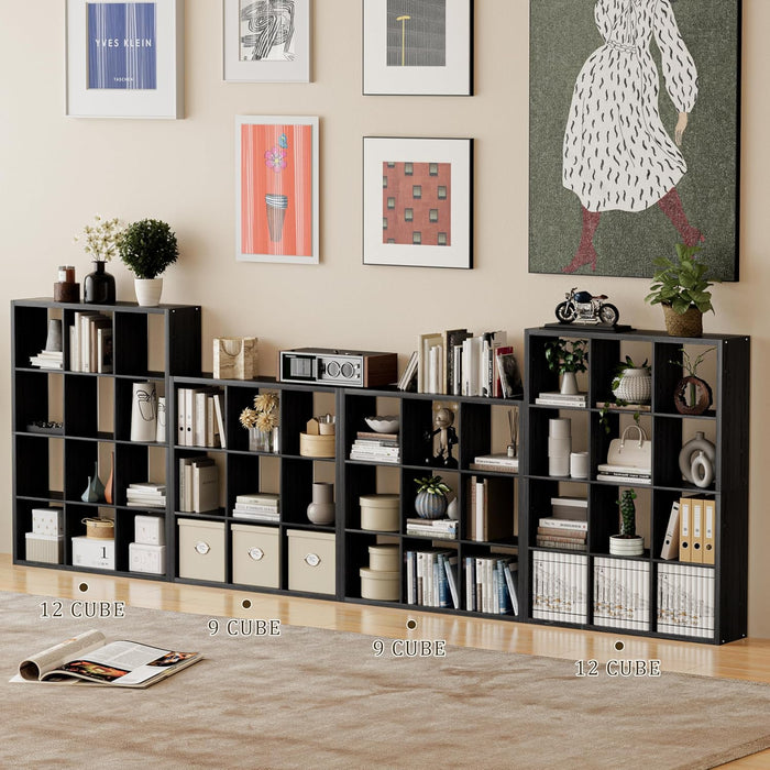 Cube Storage Organizer Bookcase, Decorative 11 inch Open Back Cubical Shelf with Thickened Border, Display Bookshelf for Living Room, Home Office, Sturdy Room (Black, 12 Cube)