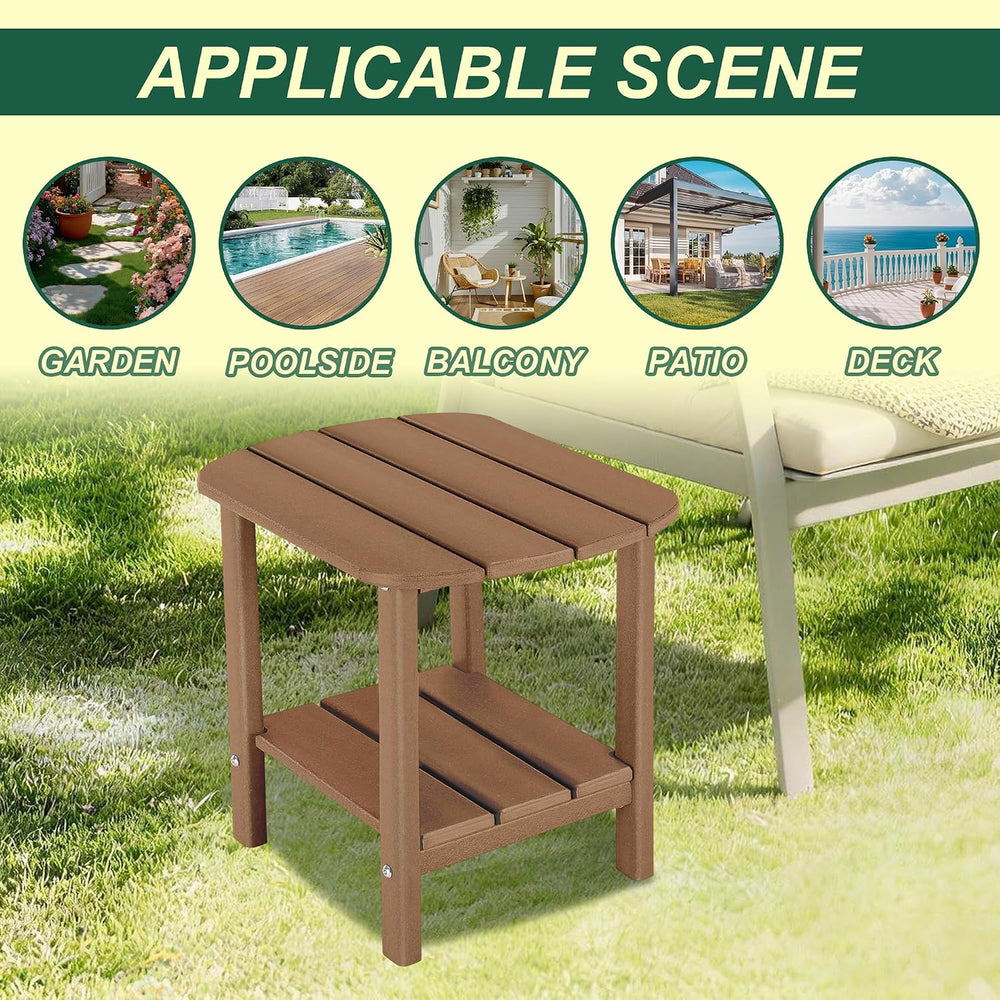 LZRS 2-Tier Patio Side Table, Heavy Duty HDPE Outdoor End Table with Wood Tex...