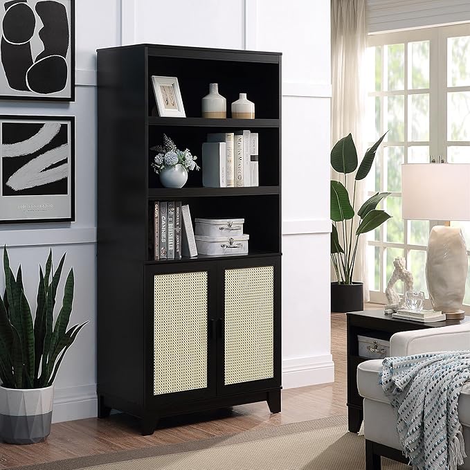 Manhattan Comfort Sheridan Modern Cane Bookcase with Adjustable Open Shelves,...