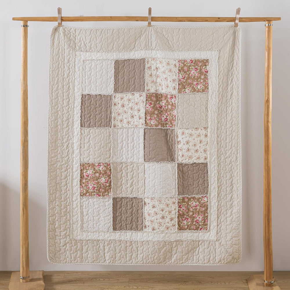 Soul & Lane - Taupe Bloom Beige Cotton Quilted Throw Blanket, 50" x ...