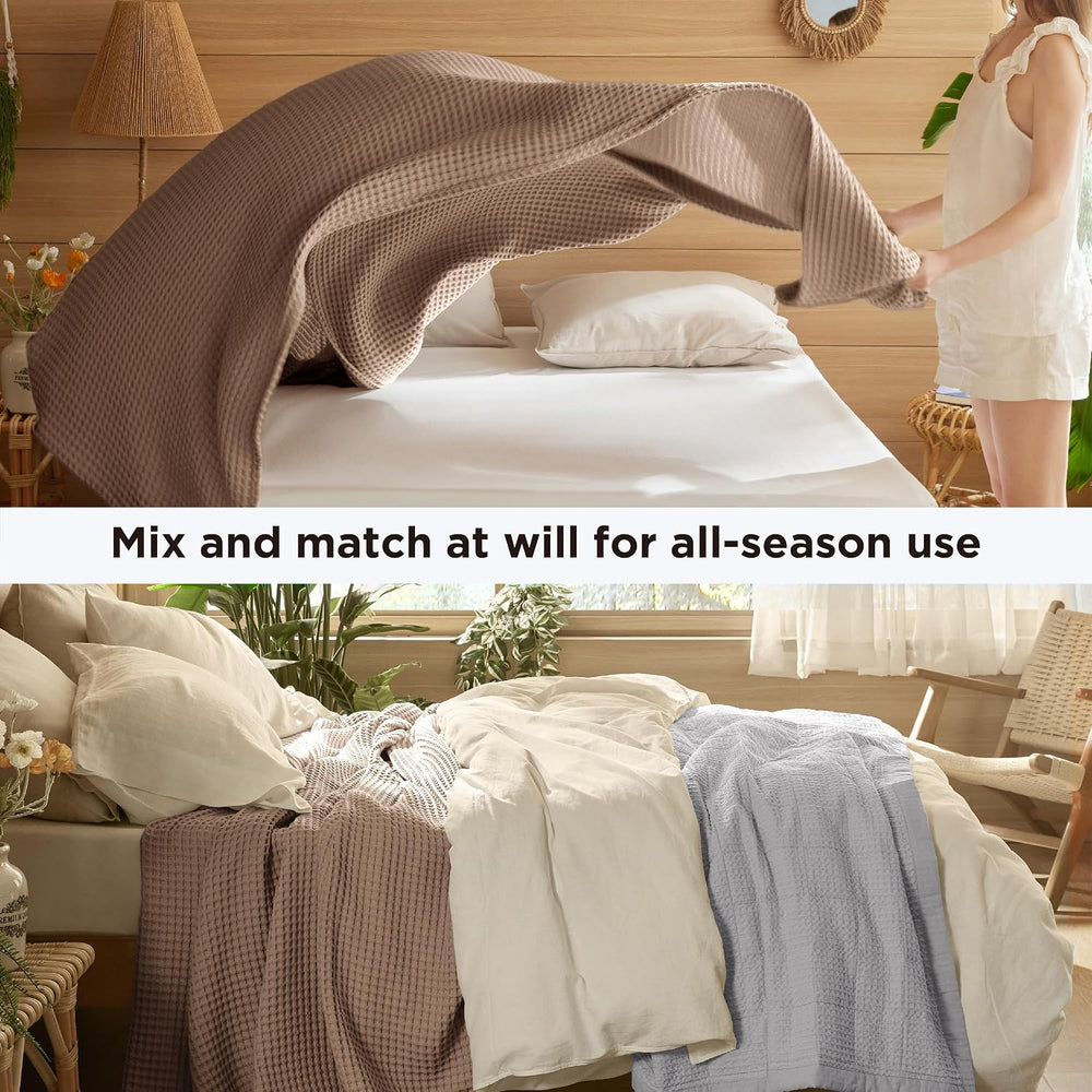 Bedsure Lightweight 100% Cotton Waffle Blanket, Queen, Coffee Brown