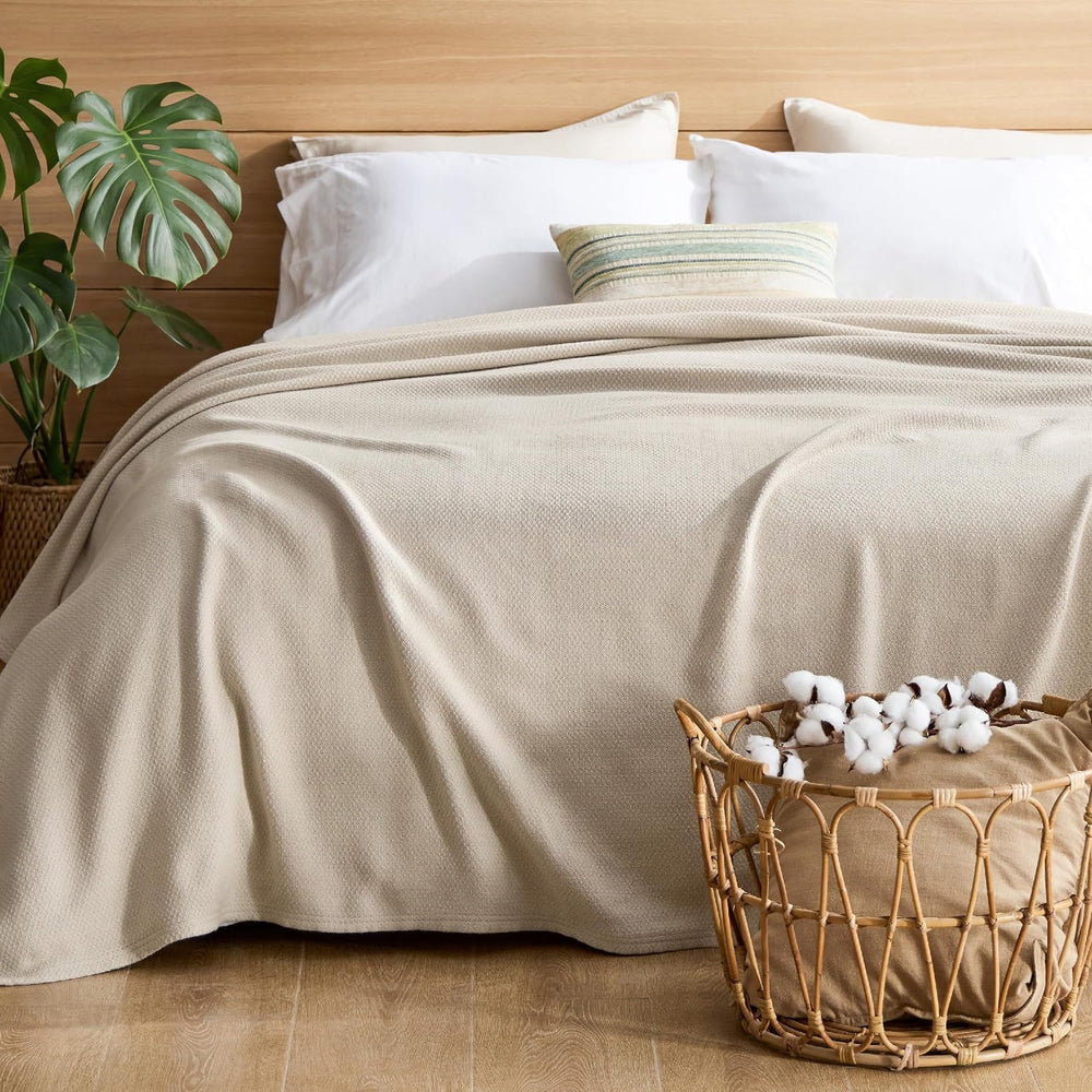 Bedsure 100% Cotton Blanket, Herringbone Weave, Full, Linen Beige