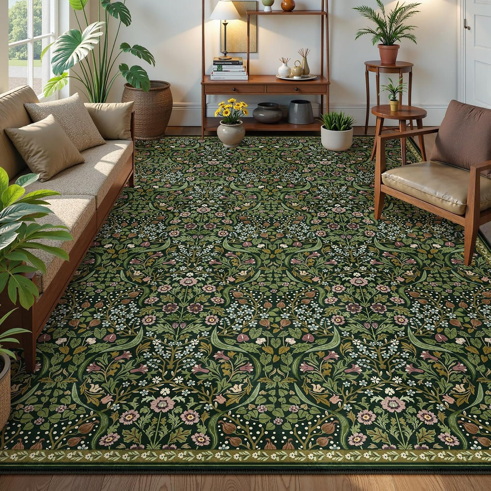 Moynesa Vintage Floral 9x12 Area Rugs, Green Washable Rugs for Living Room