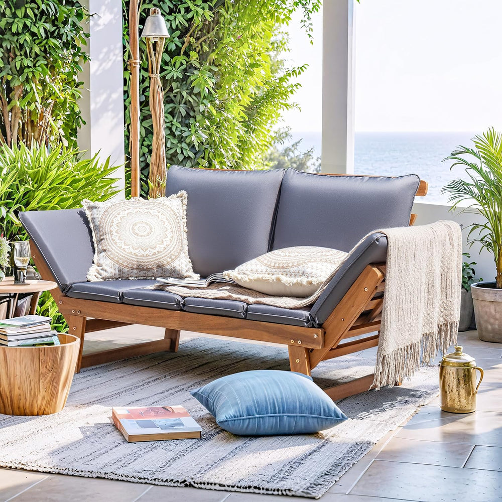 Greesum Patio Convertible Couch Sofa Bed with Adjustable Armrest, Acacia Wood...