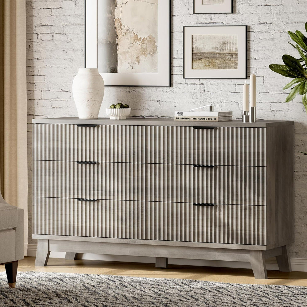 Fluted Dresser with 6 Drawers, 54" Wide Modern Chest of Drawers with Met...