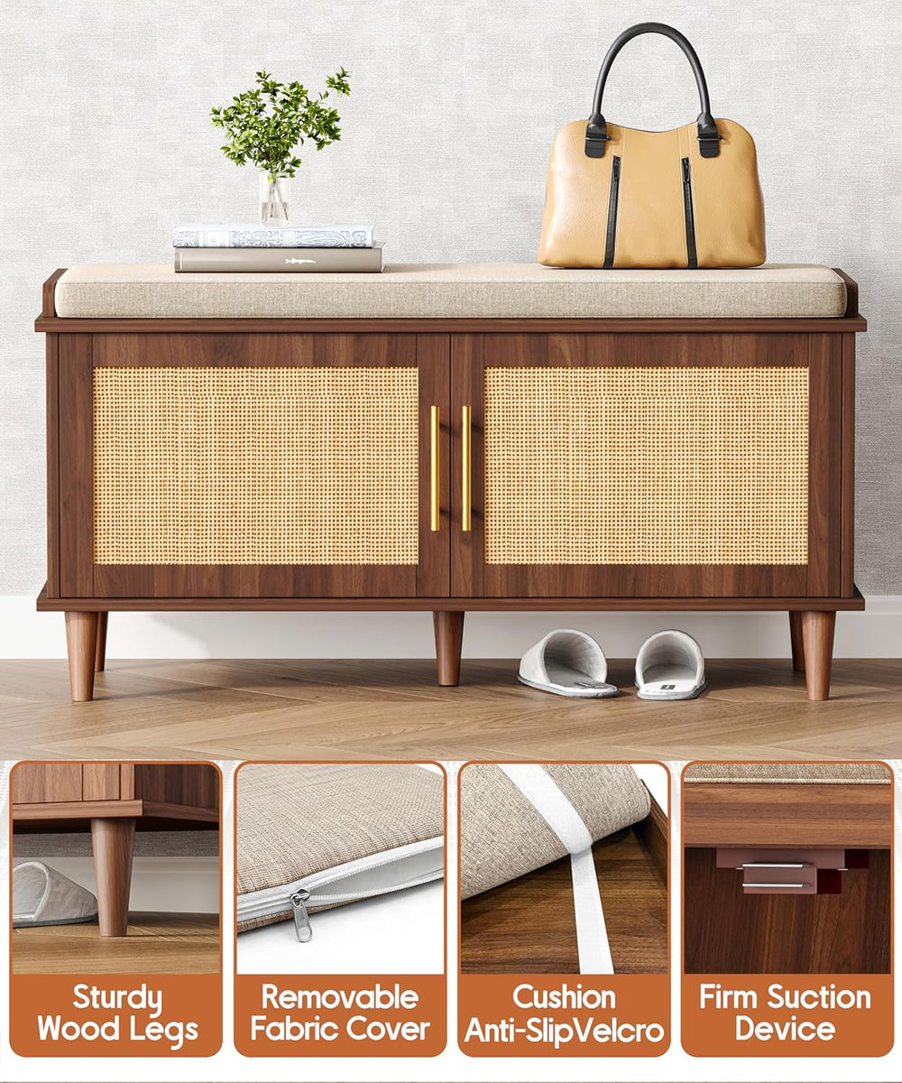 Akxomel Rattan Shoe Storage Bench with Cushion, 2-Tier Entryway Bench with Ad...