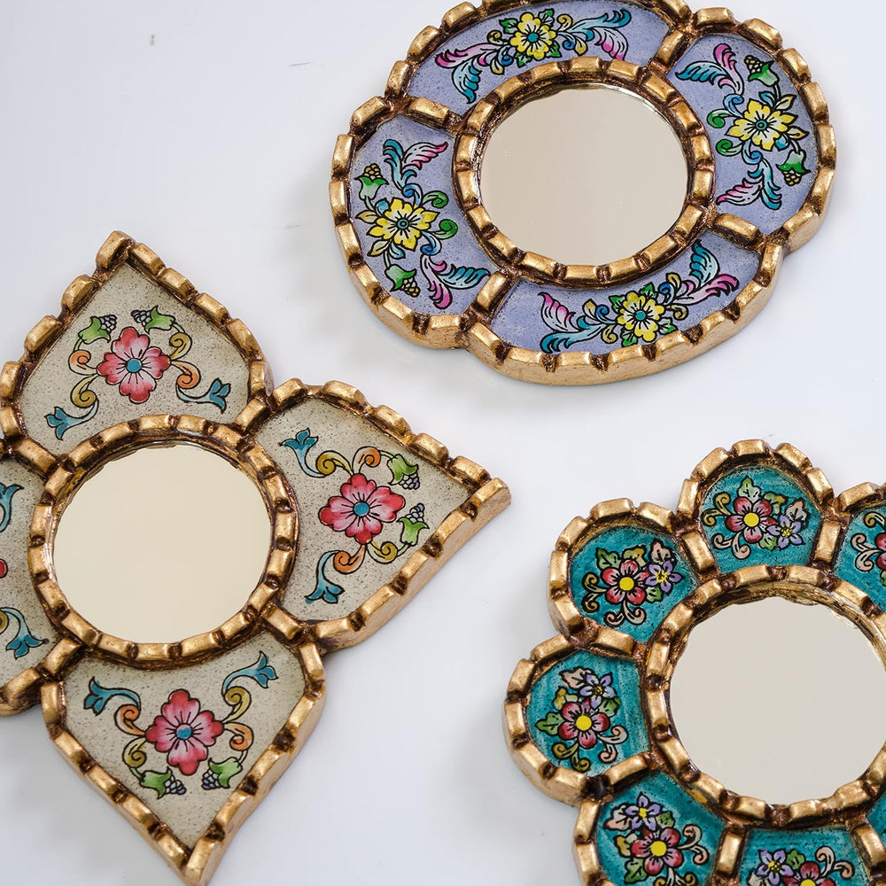 Peruvian Mirror Set 3, Floral Shapes, Turquoise Purple Beige