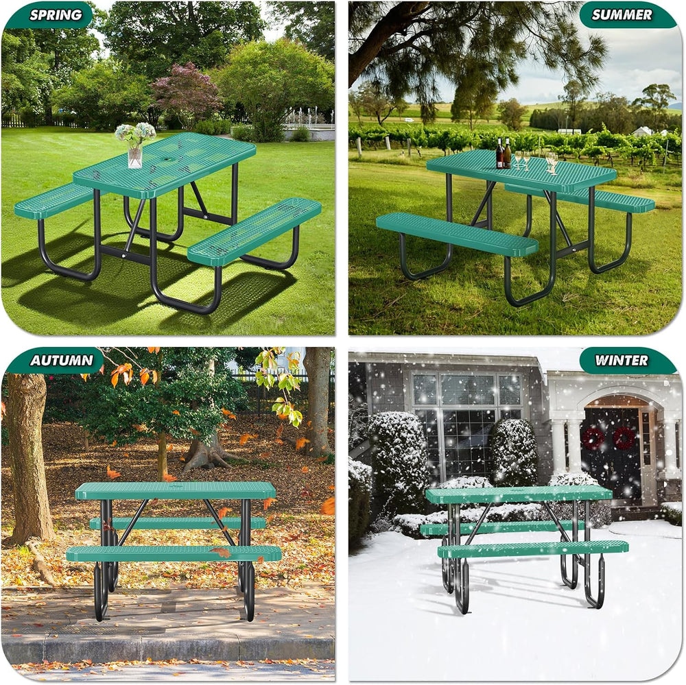Heavy Duty Picnic Table with Umbrella Hole, Expanded Meta Outdoor Metal Patio...