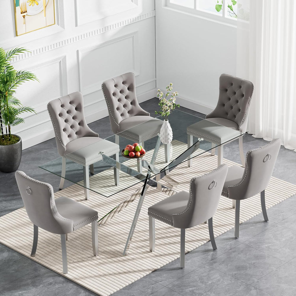 61" Rectangle Glass Dining Table for 4-6, Luxury Kitchen Table with Temp...