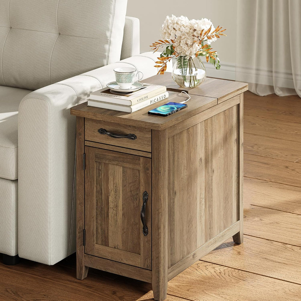 LINSY HOME Charging End Table with USB Ports, Wooden Door, Brown