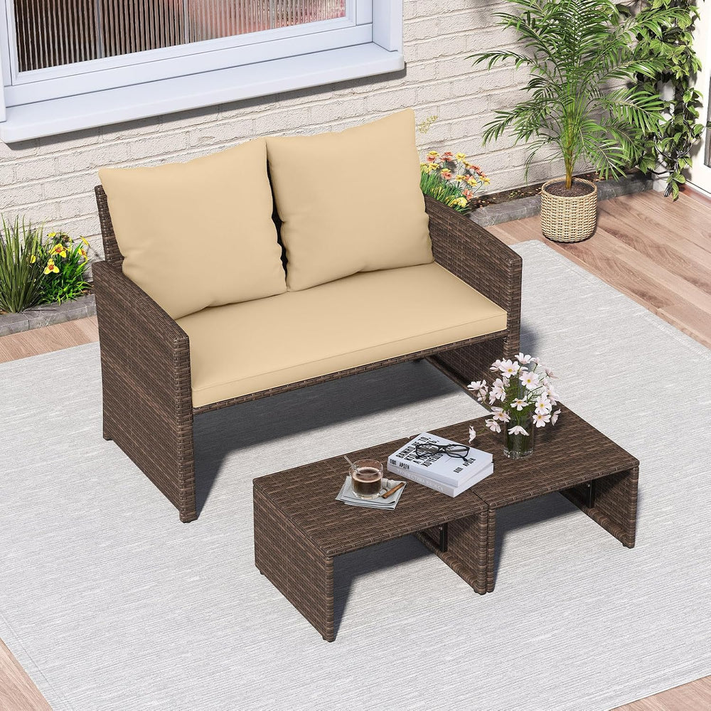 Tangkula Outdoor Loveseat with 2 Ottomans, 3 Pieces Patio PE Wicker Furniture...