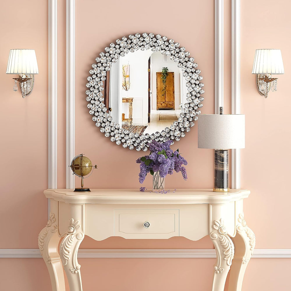 SHYFOY Crystral Round Mirror for Wall Decor,24" Large Wall Mirrors