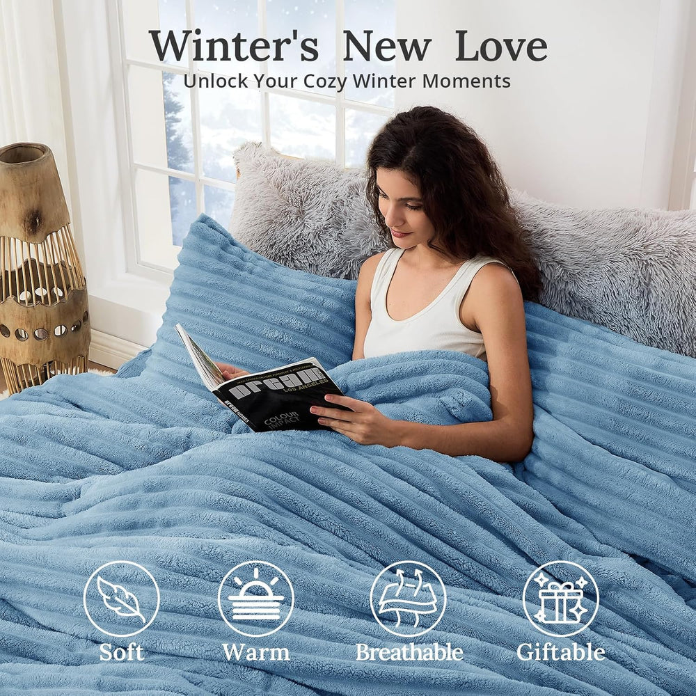 Sasttie Fluffy Queen Comforter Set, 3 PC Soft Fleece Bedding, Greyish Blue