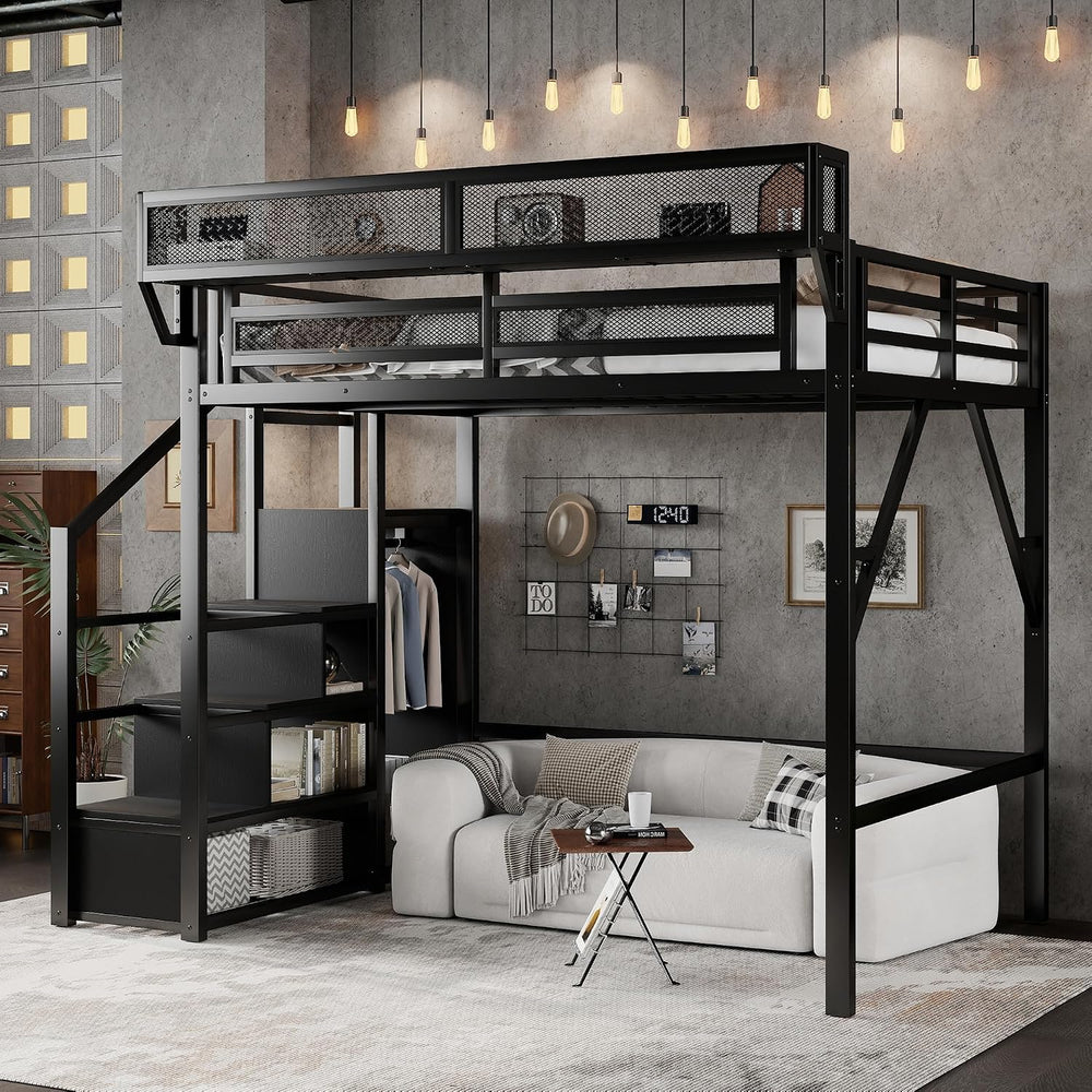 KEIKI Full Size Metal Loft Bed Frame with Convertible Staircase, Built-in Sto...