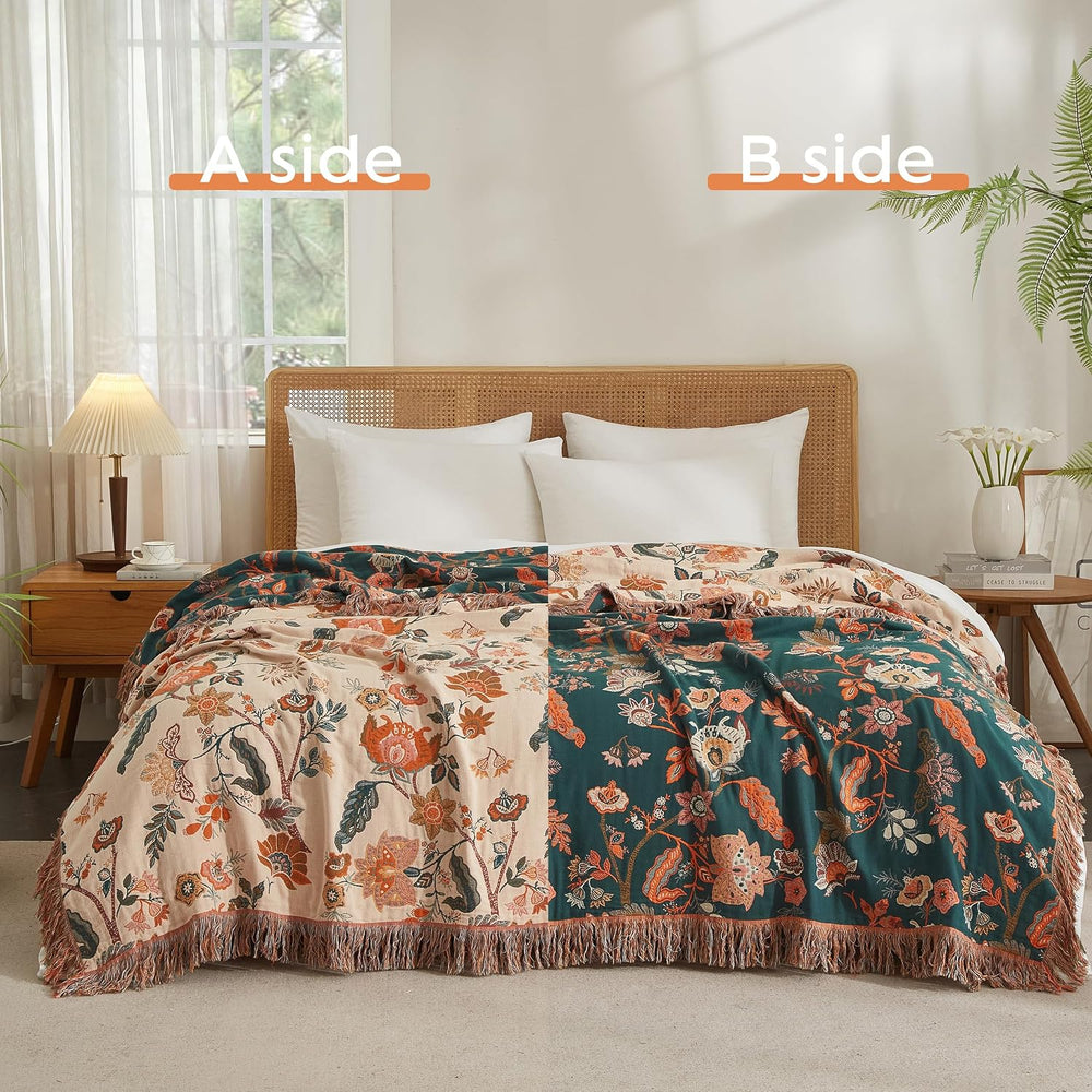Boho Throw Blanket for Bed 60”x80”, 100% Cotton Blanket for Couch Sofa