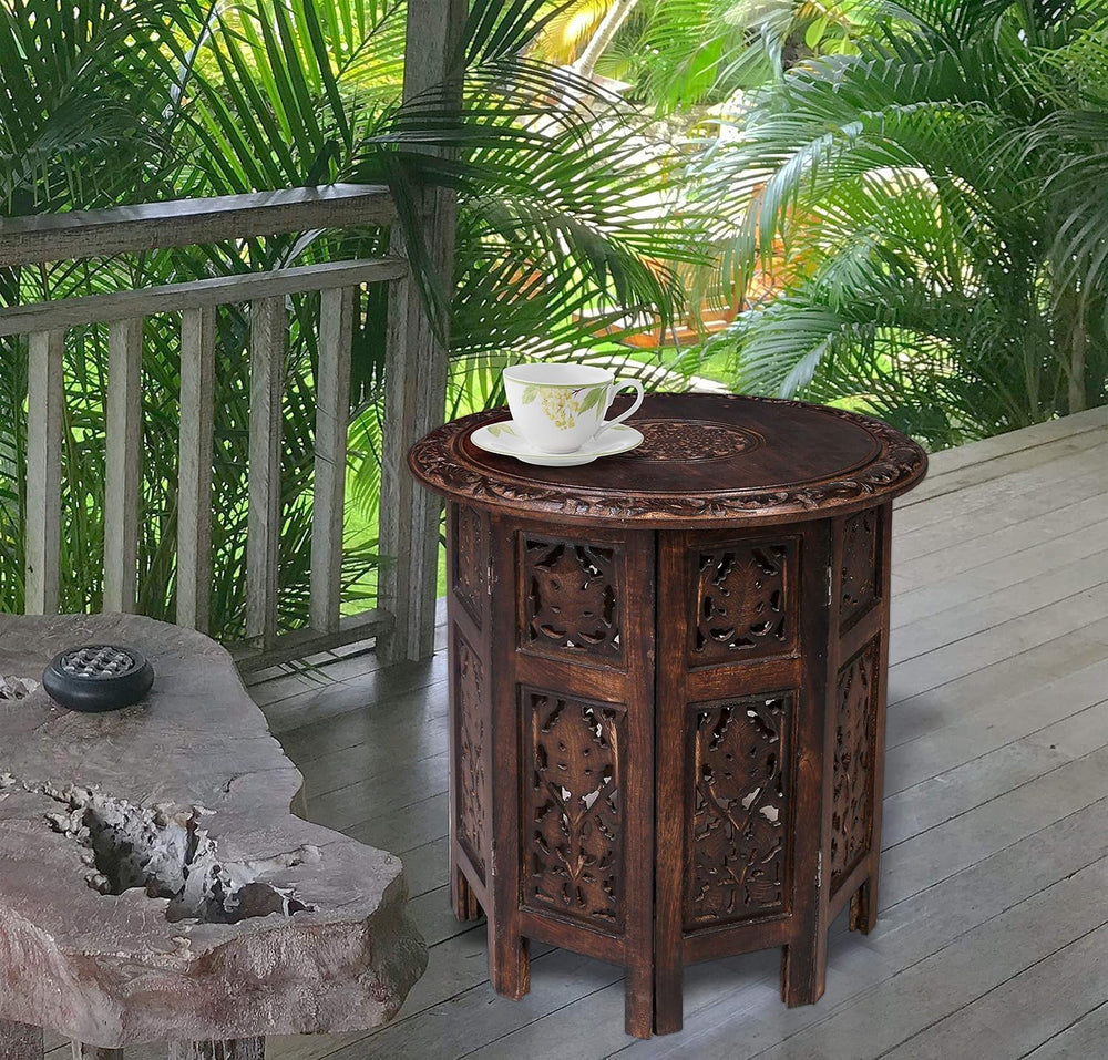 Round Wood Coffee Table - 18” Carved Small Accent Side Table with Burnt Finis...